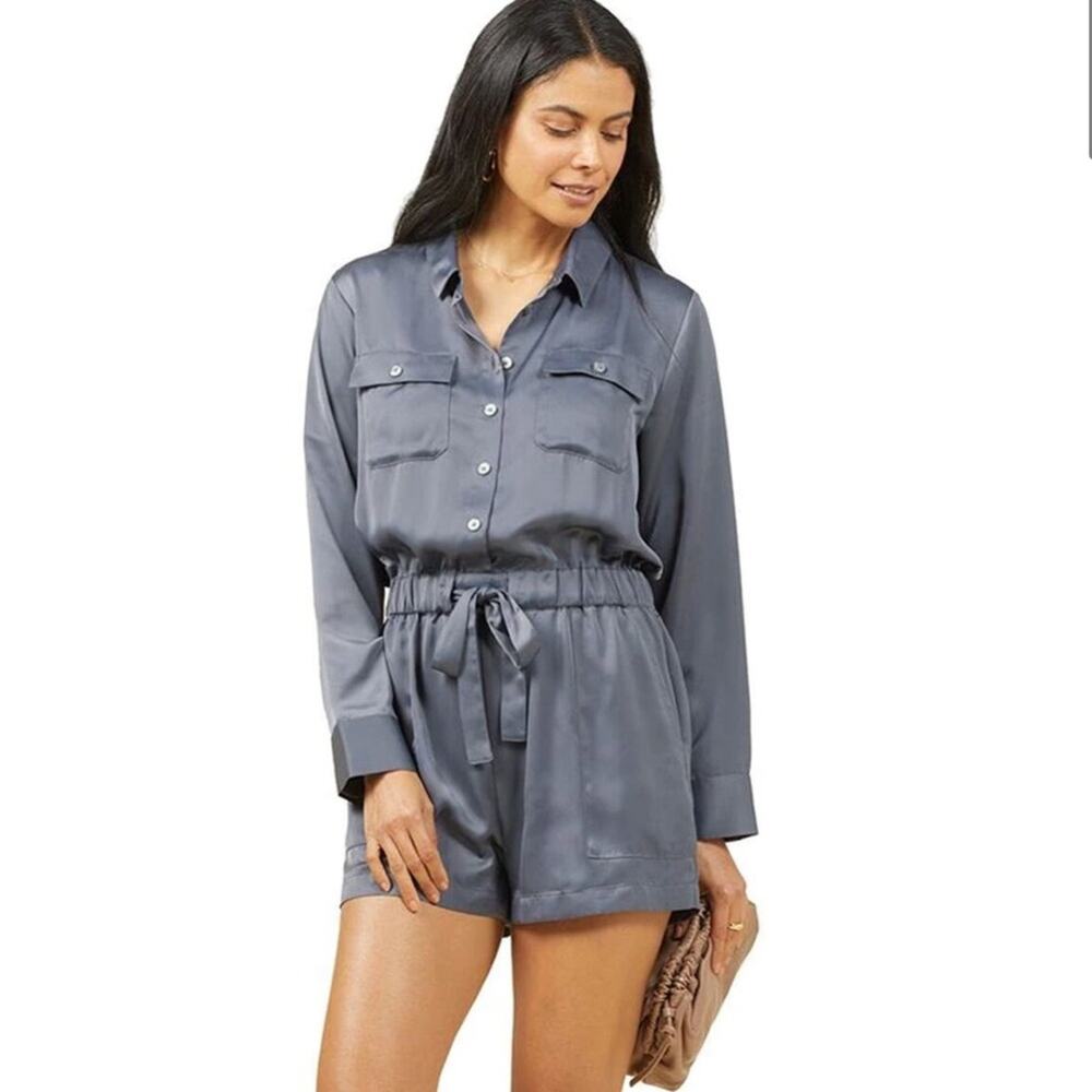 Outerknown Benson Jumpsuit Utility Long Sleeve Button Tie Romper Satin Sz S